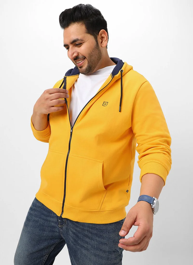Urbano Fashion  Urbano Plus Men's Yellow Solid Cotton Zippered Hooded Casual Winterwear Sweatshirt for Men | Best Price UAE